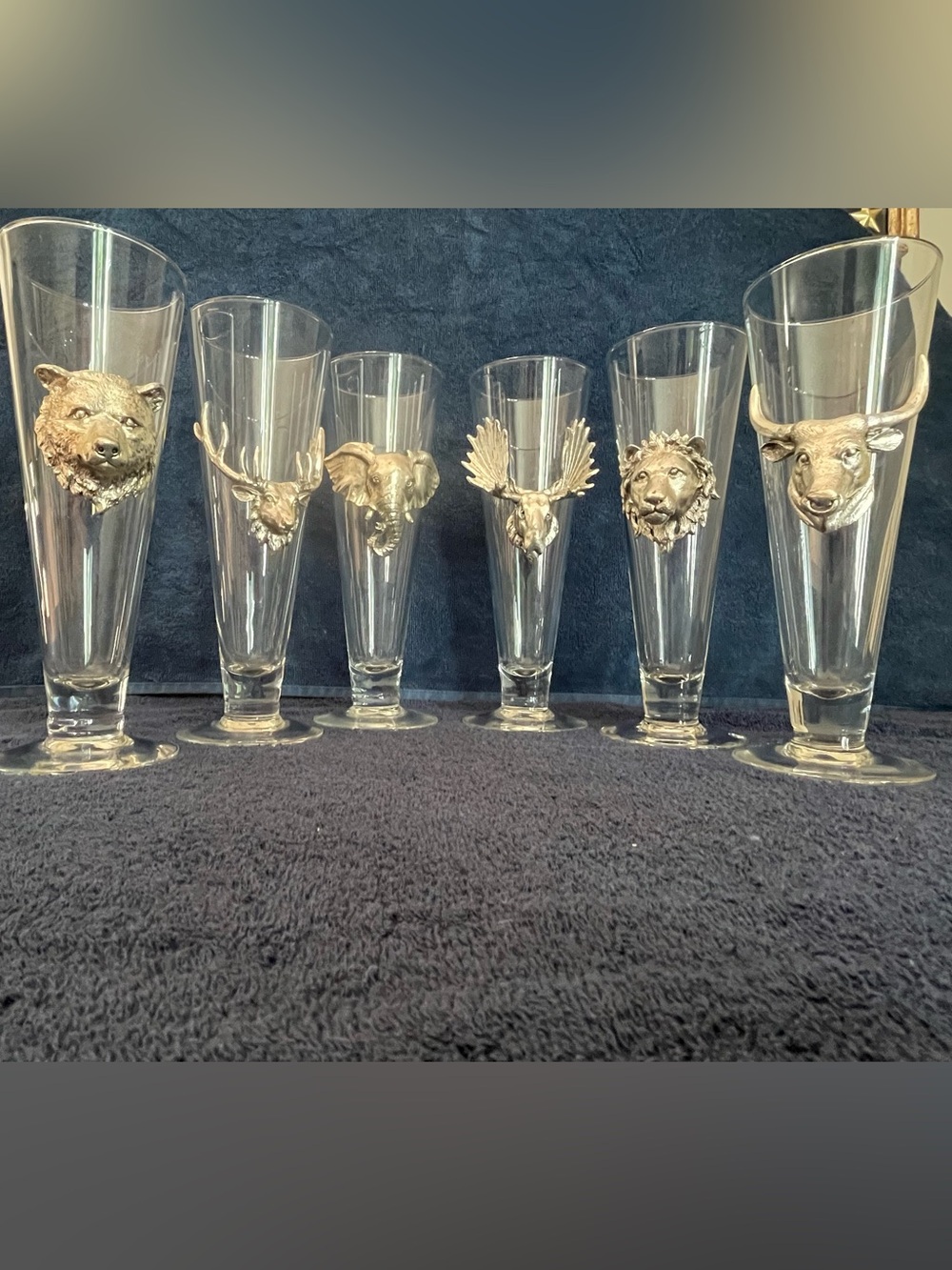Vintage 1997 Arthur Court Set of 6 Pilsner Glasses w Cast Game Animal Heads